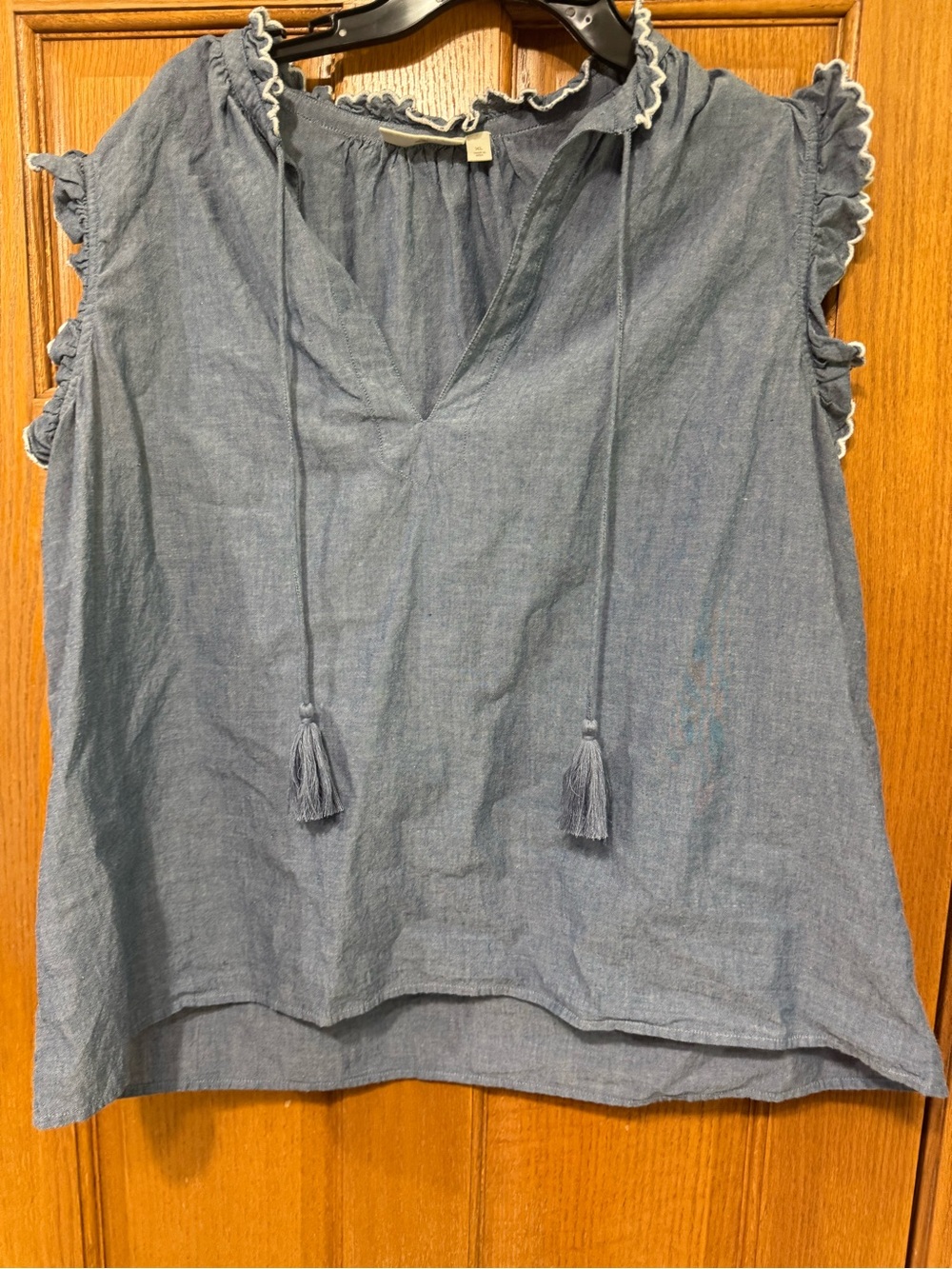 Sleeveless Chambray Tassel Tie Top